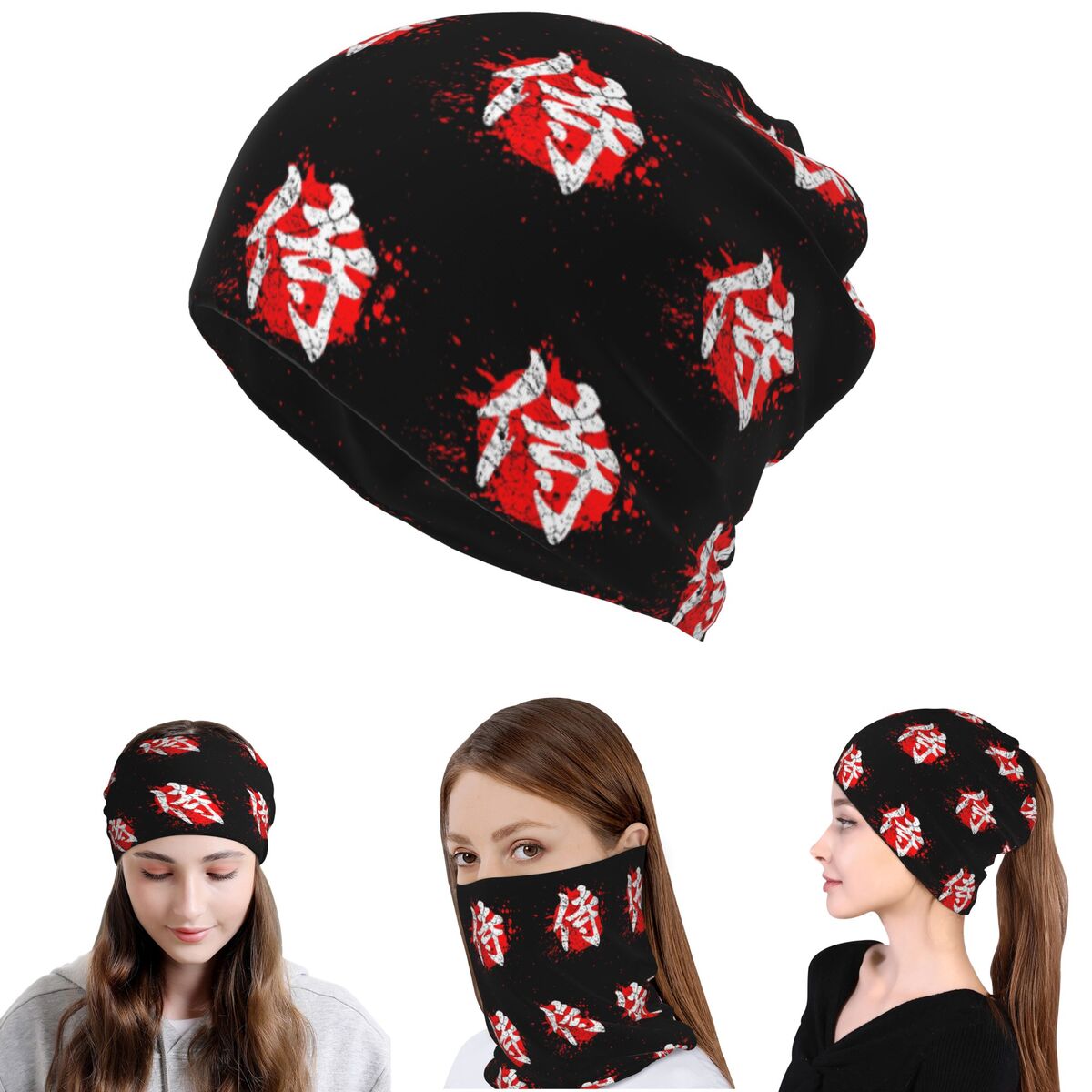 Knit Beanie Hat Warm - Japanese Bushido Samurai Characters Bandana Neck