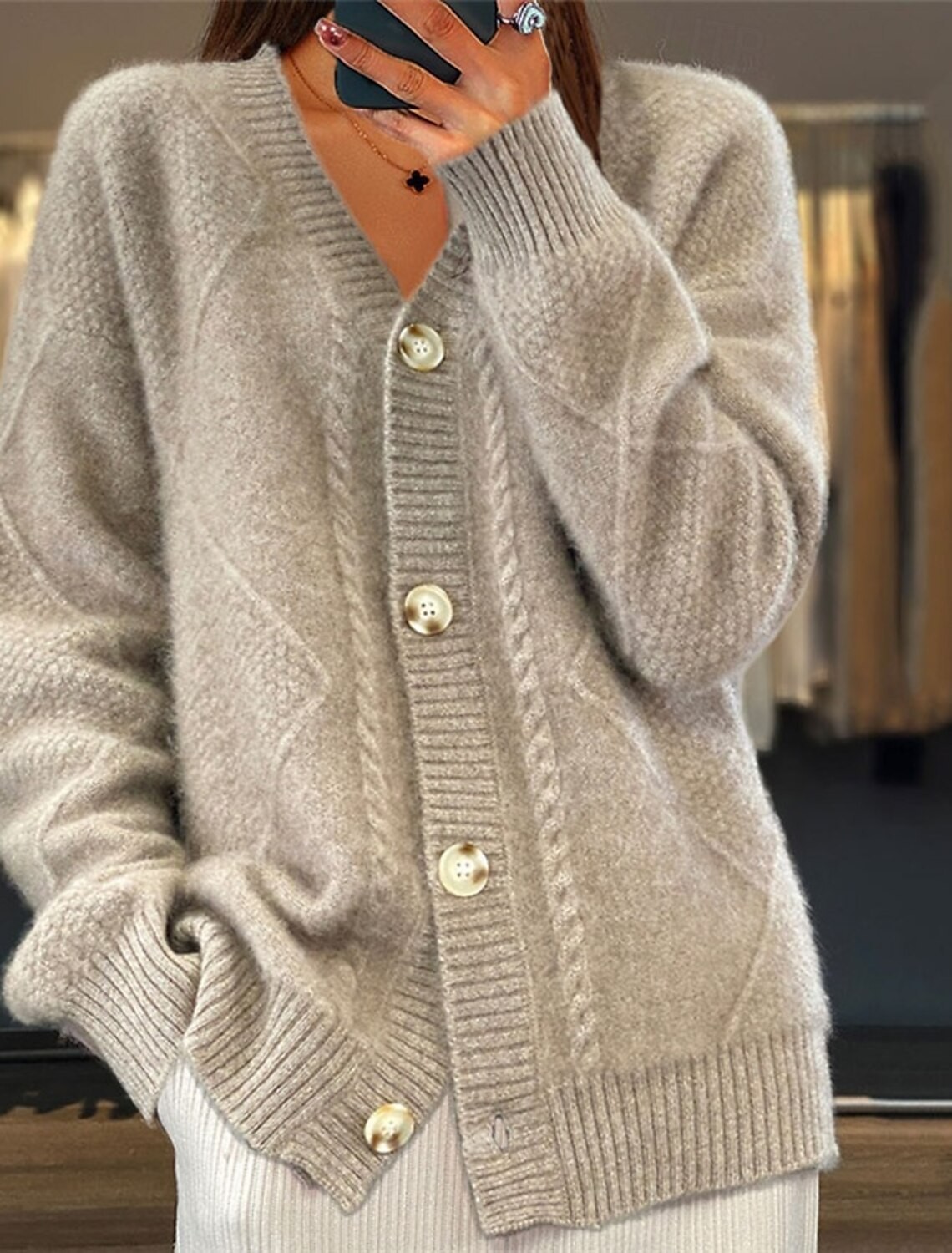 Women V Neck Cable Knit Cardig - Down Jacket Packable reseña y precio