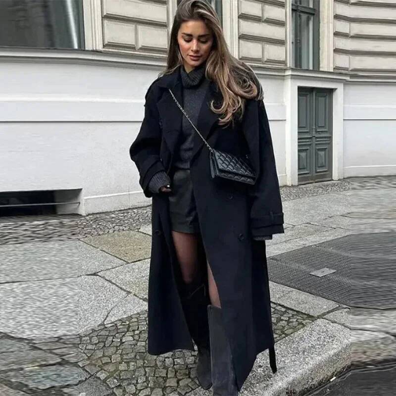 Elegant Grey Belt Long Faux Wo - Wool Coat Peacoat reseña y precio