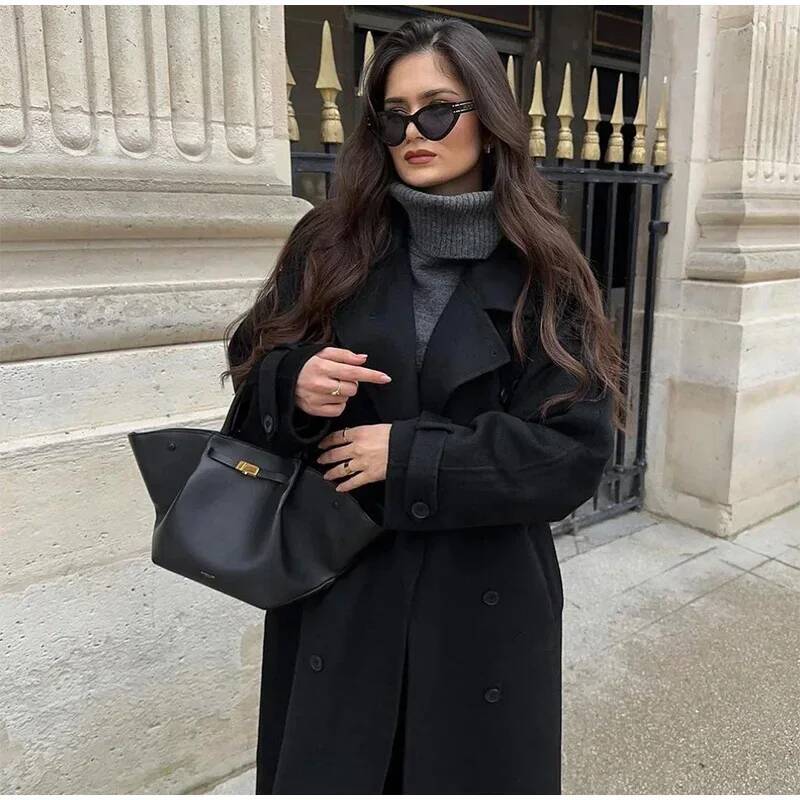Elegant Grey Belt Long Faux Wo - Wool Coat Peacoat reseña y precio