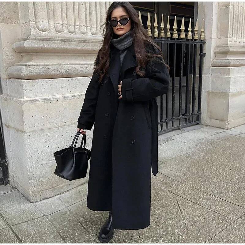 Elegant Grey Belt Long Faux Wo - Wool Coat Peacoat reseña y precio